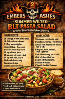 A recipe page for Summer Wilted BLT Pasta Salad with ingredients and directions in two columns and a photo of the finished bowl