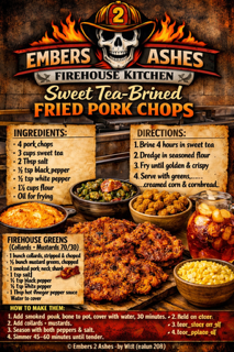 A recipe page for Sweet Tea-Brined Fried Pork Chops with firehouse greens, on a rustic wood plank background