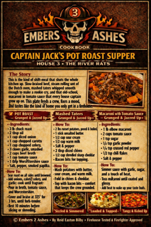 A cookbook page for Captain Jack’s Pot Roast Supper, with the story of the dish and recipes for pot roast, mashed taters and macaroni with tomato sauce