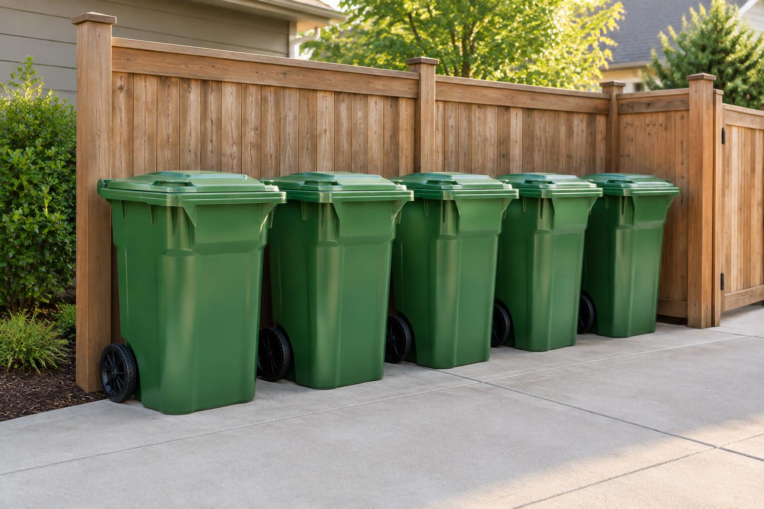 Five green wheeled carts lined up along a concrete pad in front of a wooden fence
