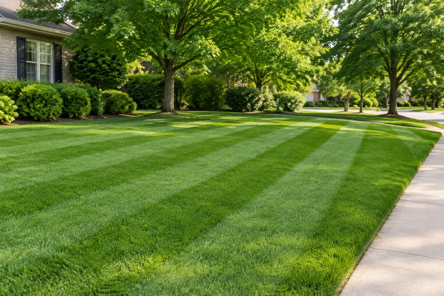 A manicured lawn with clean diagonal mowing stripes in front of a brick house