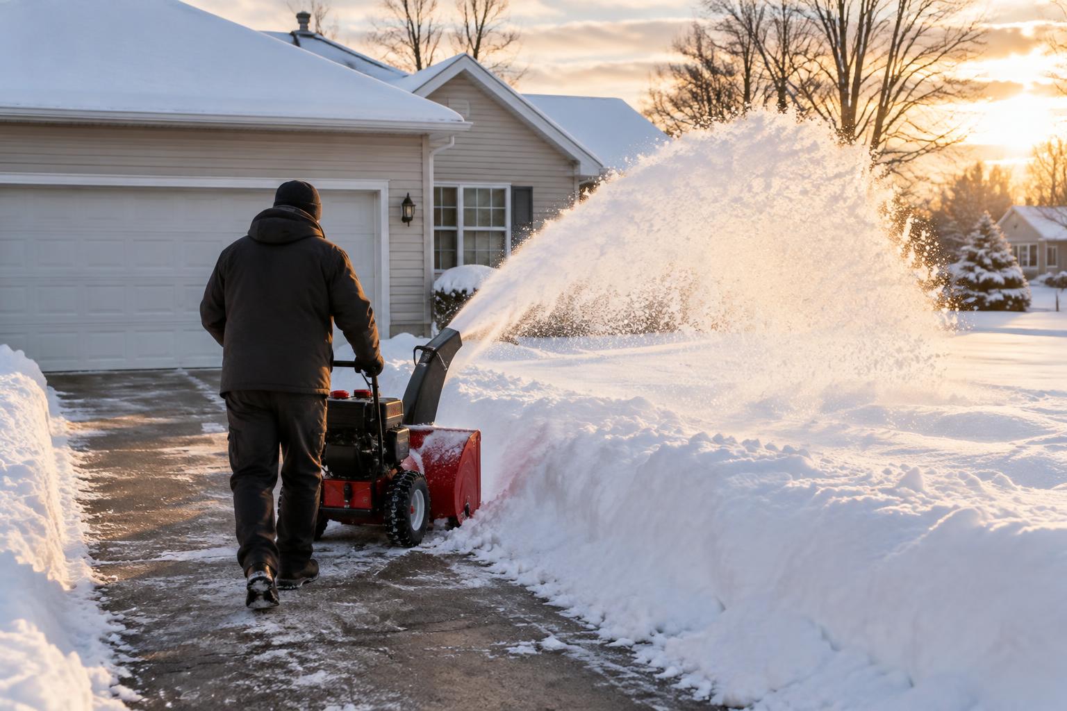 A snow blower clearing snow from a residential driveway, throwing snow off to the side with a cleared path behind it