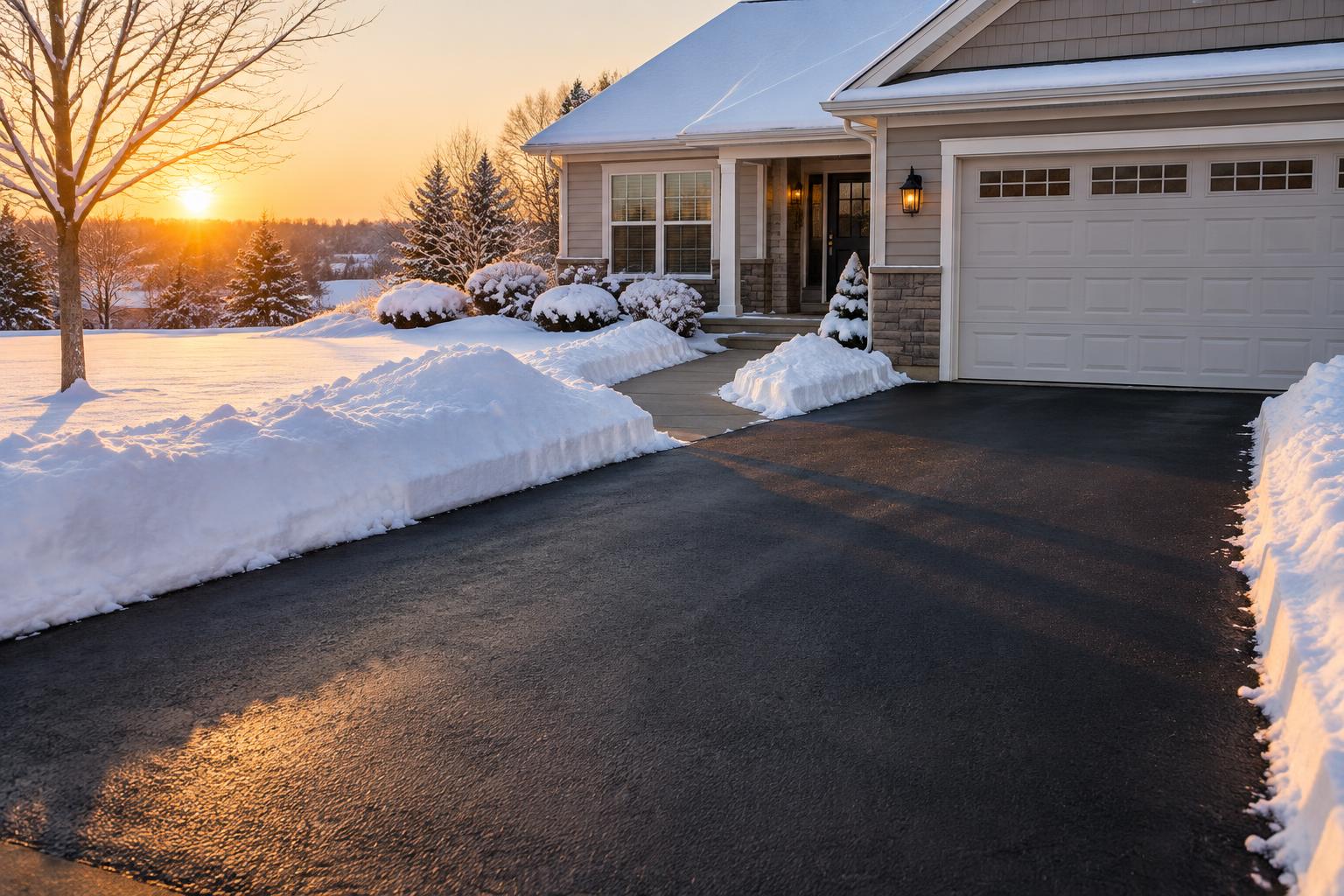 A driveway cleared of snow at sunrise, with snowbanks piled along the edges