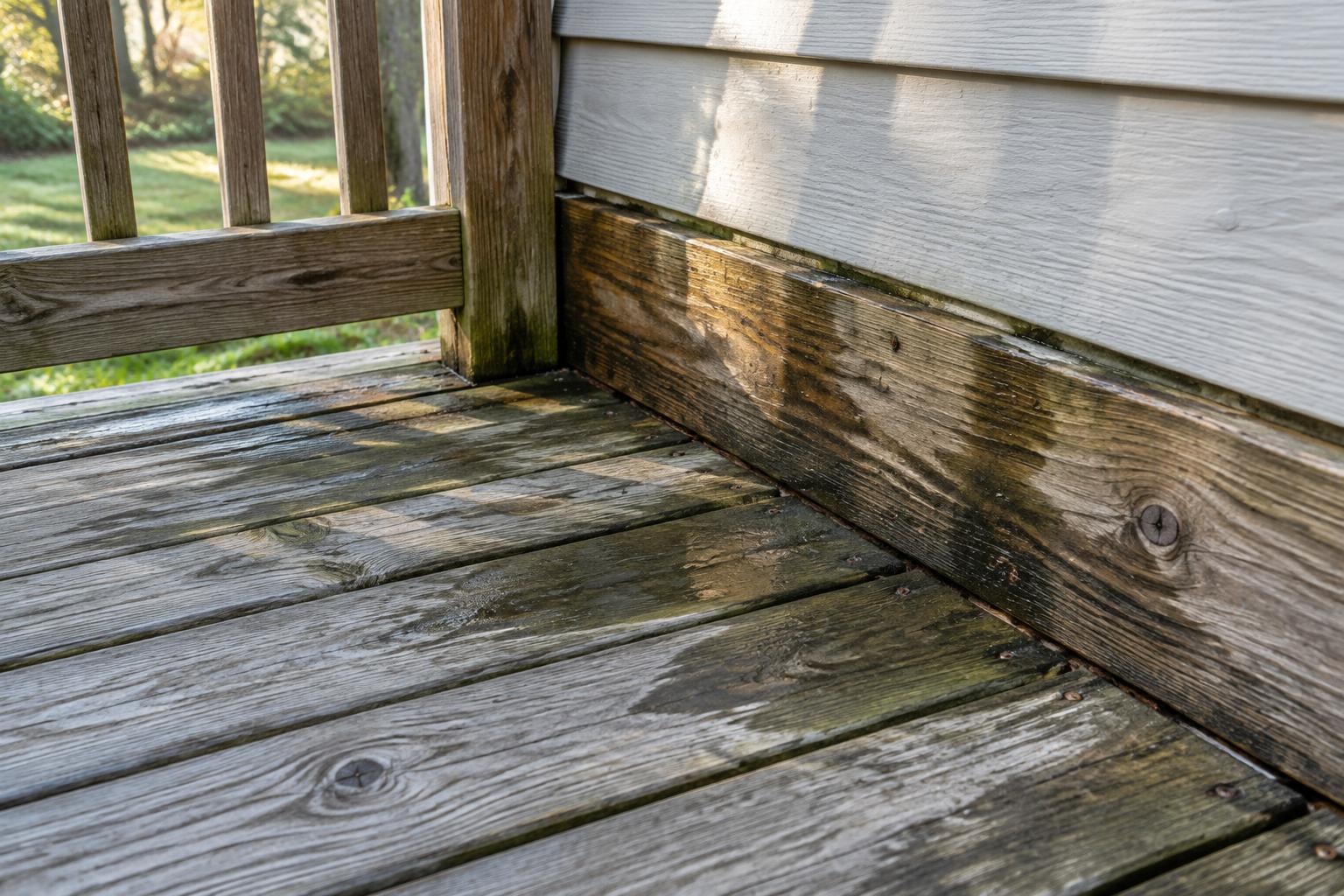 A weathered wood deck where the rim joist below the siding shows dark water stains